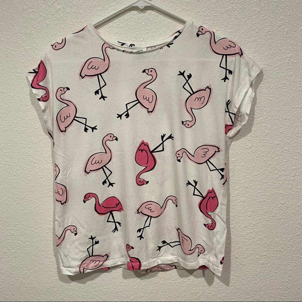 Kids Zara Girls White Pink Flamingo Print Graphic Short Sleeve T-Shirt 13/14